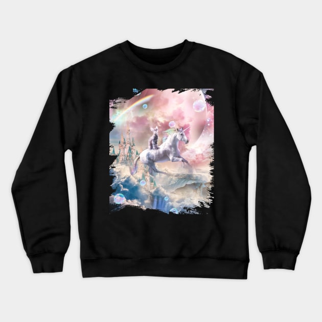 Rainbow Galaxy Cat Riding Unicorn In Space Crewneck Sweatshirt by Random Galaxy